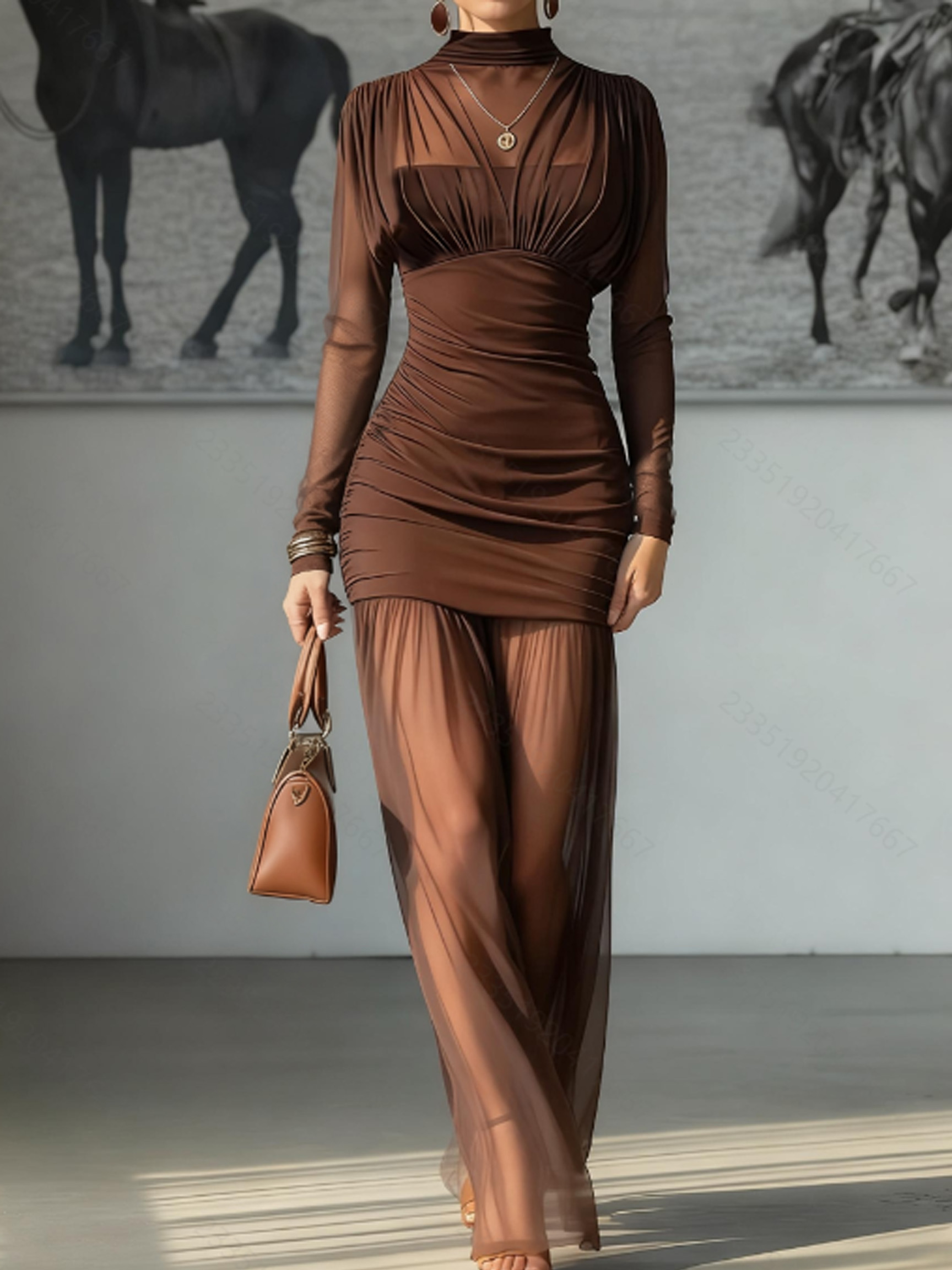 Sexy Mesh Sheer Bodycon Dress - Elegant Sheer Long Sleeve High Neck