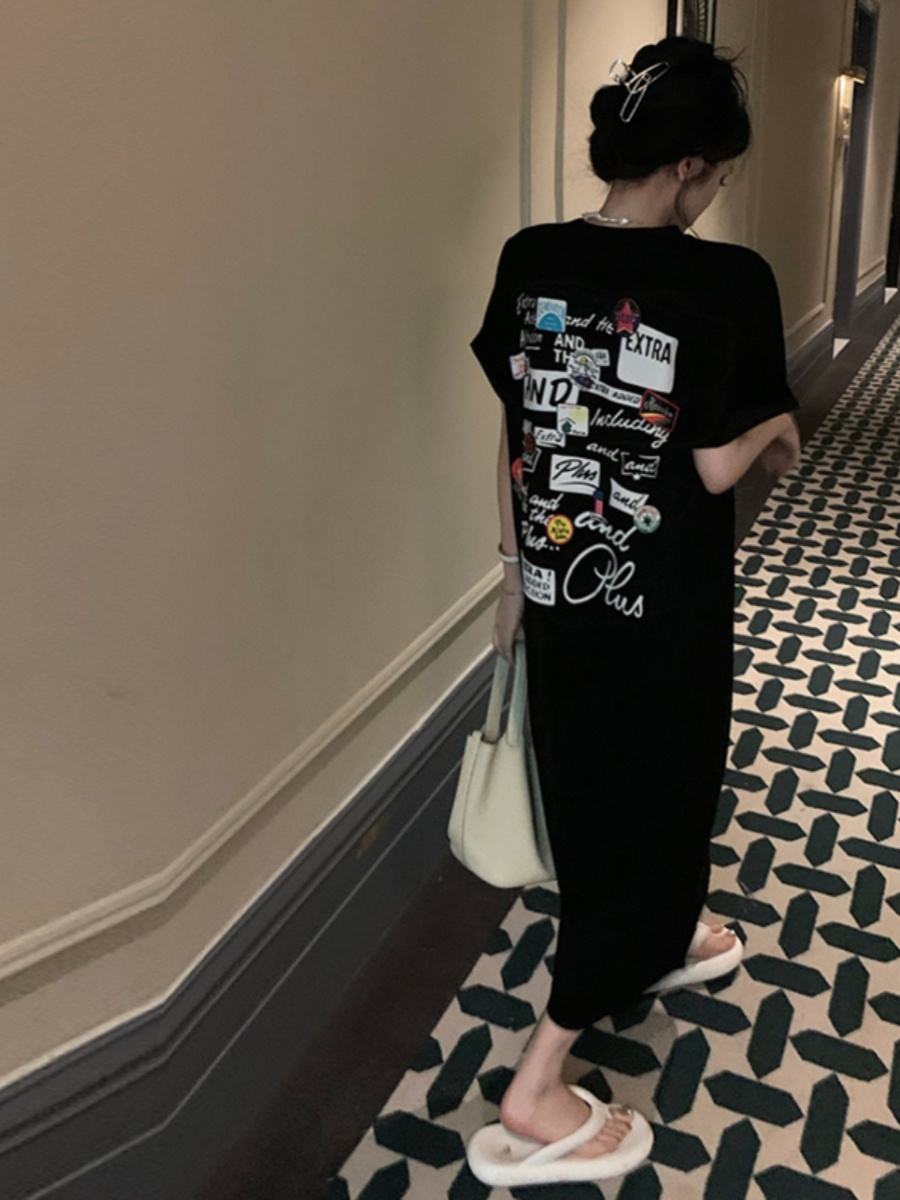 Korean Style A Line Shirt Dress - Black Short Sleeve T-Shirt Dress Women's