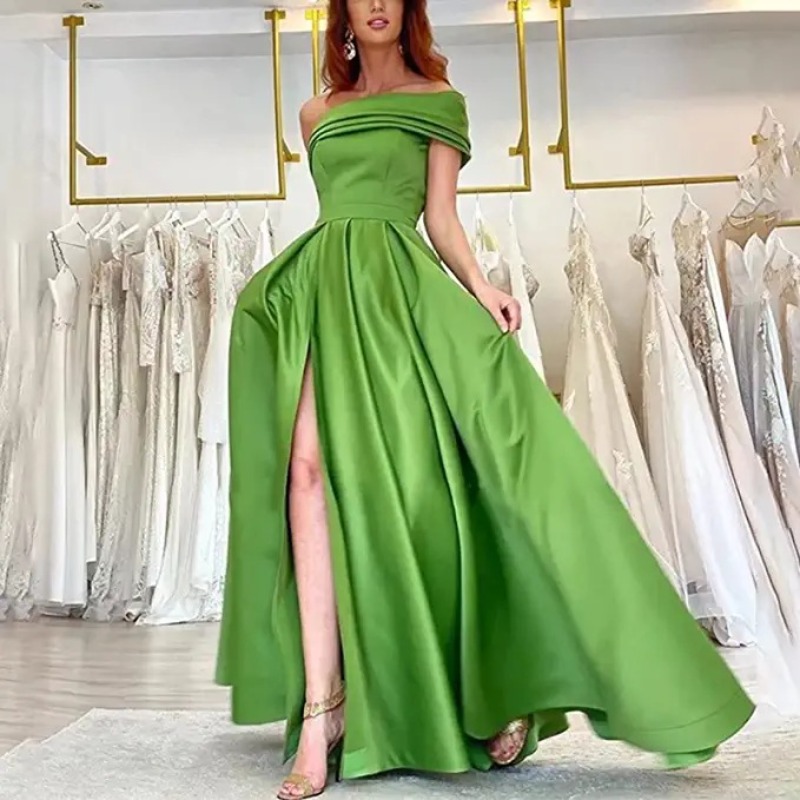 Elegant Satin Evening Gown Split - Elegant Off Shoulder Satin Evening Dress
