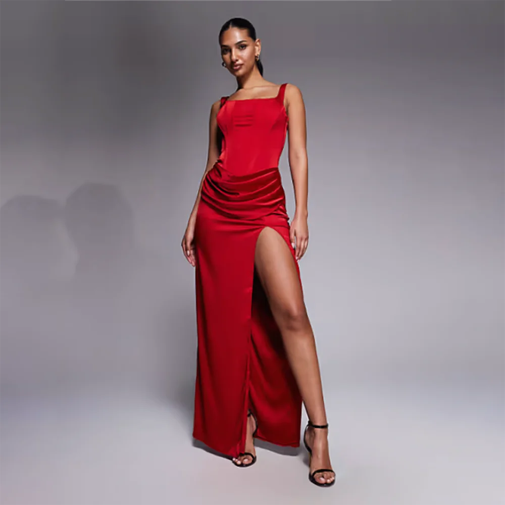 Elegant Satin Evening Gown Split - Women's Formal Evening Gowns Sleeveless Square