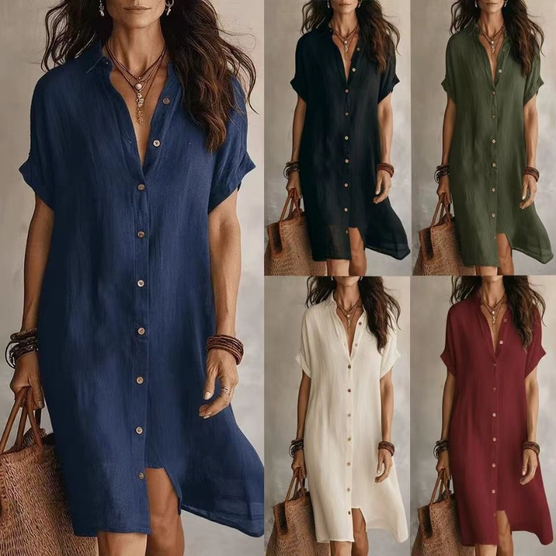 Casual Loose Linen Shirt Dress - Single-breasted Solid Color Short-sleeved Loose Breathable