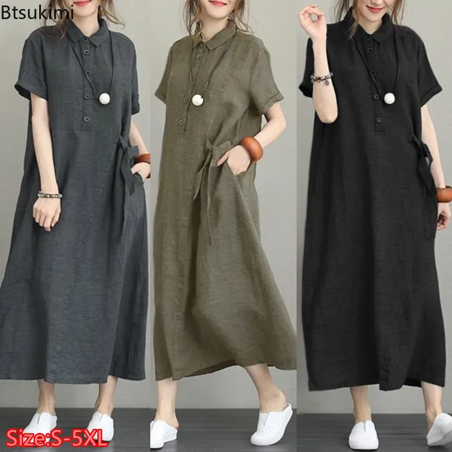 2026 Summer Dress Simple Vinta - Casual Loose Linen Shirt Dress 评论和价格