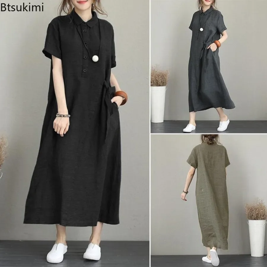 2026 Summer Dress Simple Vinta - Casual Loose Linen Shirt Dress 评论和价格