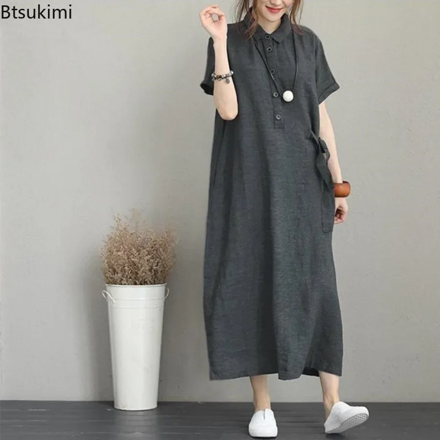 2026 Summer Dress Simple Vinta - Casual Loose Linen Shirt Dress 评论和价格