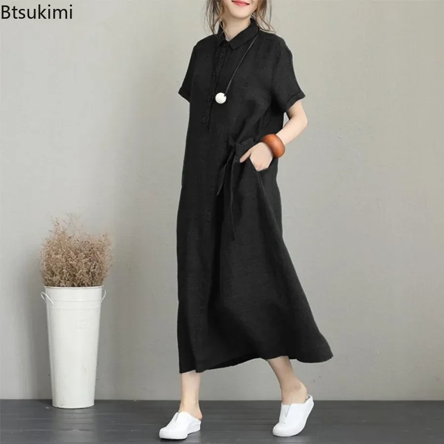 2026 Summer Dress Simple Vinta - Casual Loose Linen Shirt Dress 评论和价格