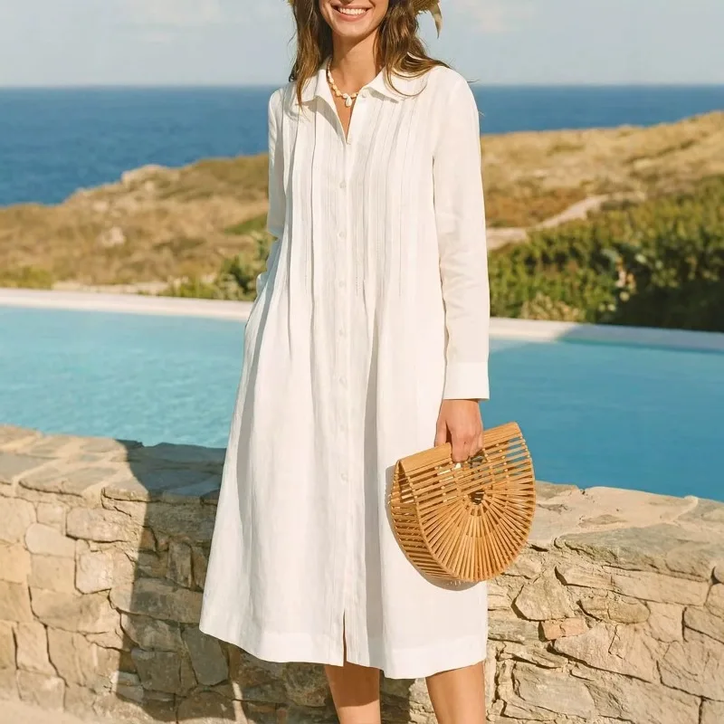 European Solid Long Dress Loos - Casual Loose Linen Shirt Dress 评论和价格