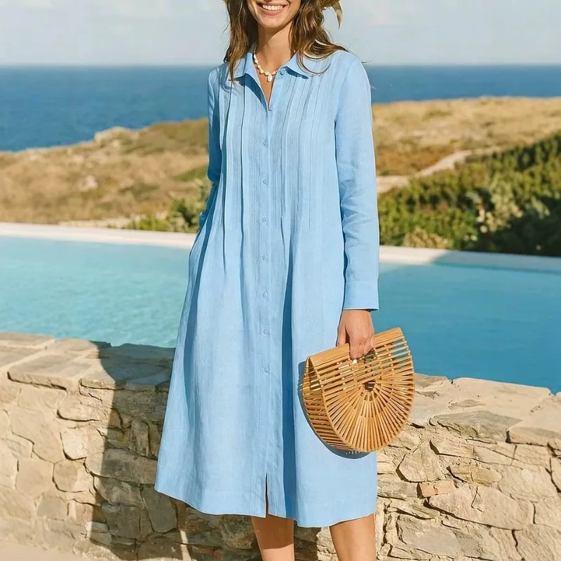 European Solid Long Dress Loos - Casual Loose Linen Shirt Dress 评论和价格