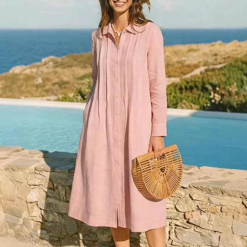 European Solid Long Dress Loos - Casual Loose Linen Shirt Dress 评论和价格