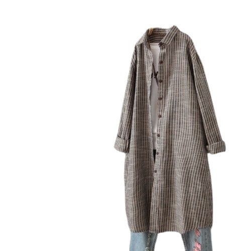 Vintage Cotton Linen Striped S - Casual Loose Linen Shirt Dress 评论和价格