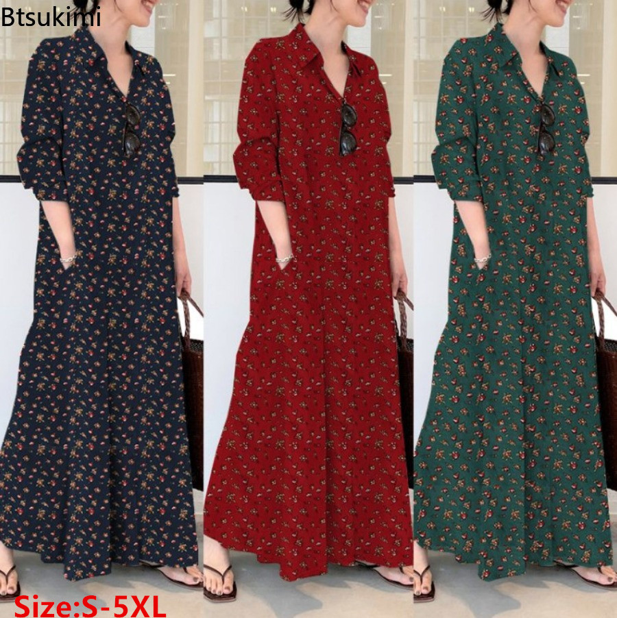 New Women's Print Long Style S - Casual Loose Linen Shirt Dress 评论和价格