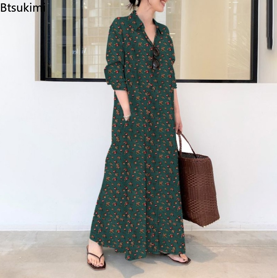 New Women's Print Long Style S - Casual Loose Linen Shirt Dress 评论和价格