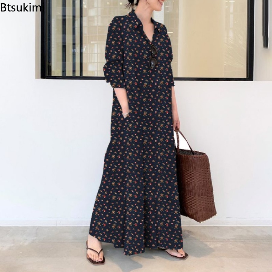 New Women's Print Long Style S - Casual Loose Linen Shirt Dress 评论和价格