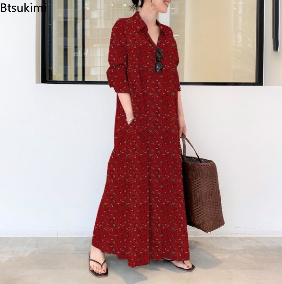 New Women's Print Long Style S - Casual Loose Linen Shirt Dress 评论和价格