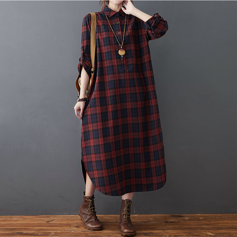 Cotton Linen Dress Women's Aut - Casual Loose Linen Shirt Dress 评论和价格
