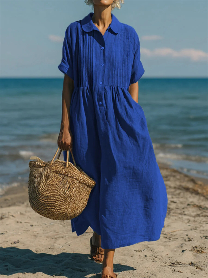Women Lapel Collar Button Down - Casual Loose Linen Shirt Dress 评论和价格