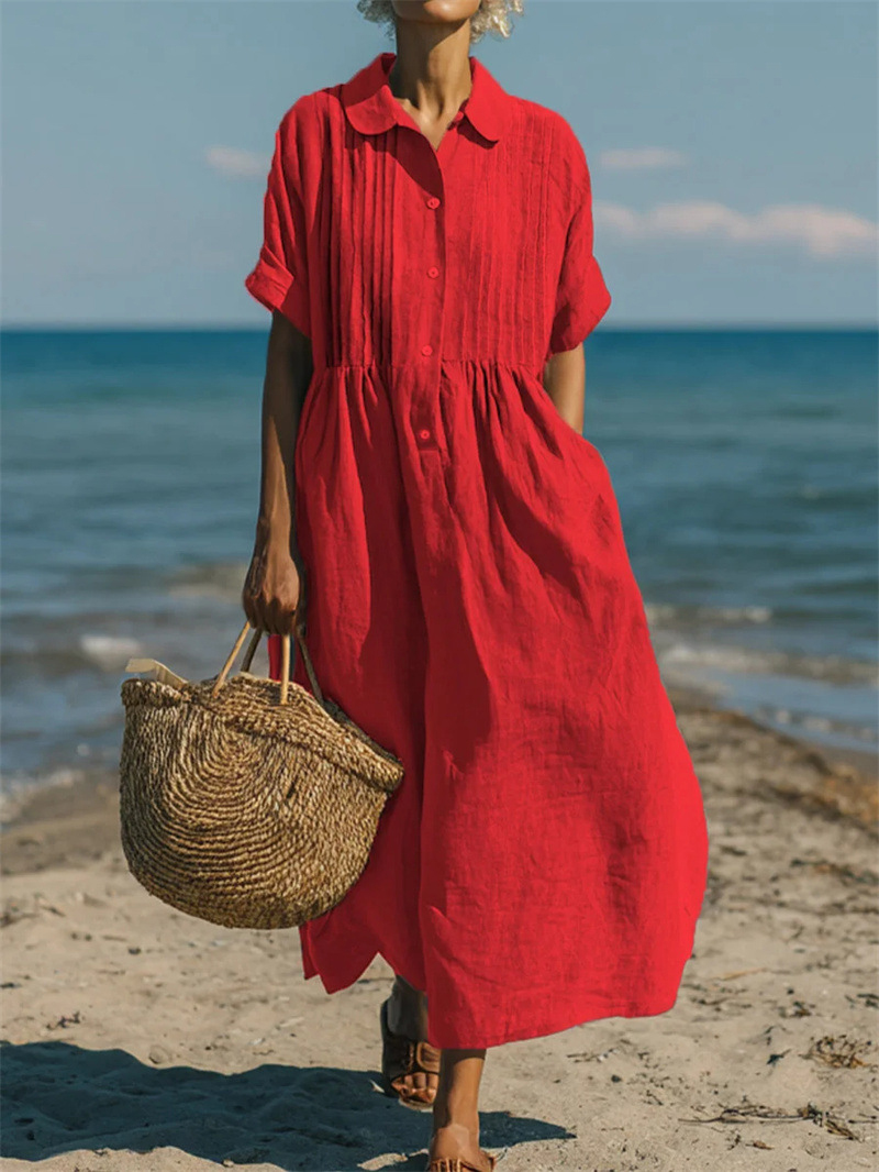 Women Lapel Collar Button Down - Casual Loose Linen Shirt Dress 评论和价格