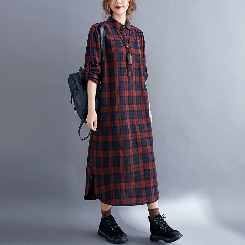 Casual Plaid Long Sleeve Shirt - Korean Style A Line Shirt Dress 评论和价格