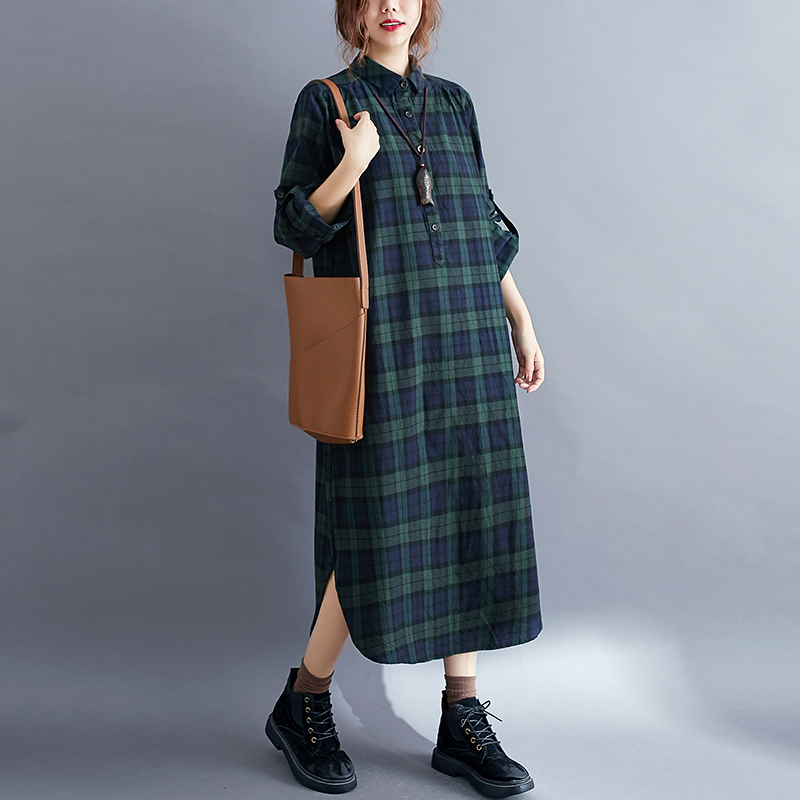 Casual Plaid Long Sleeve Shirt - Korean Style A Line Shirt Dress 评论和价格
