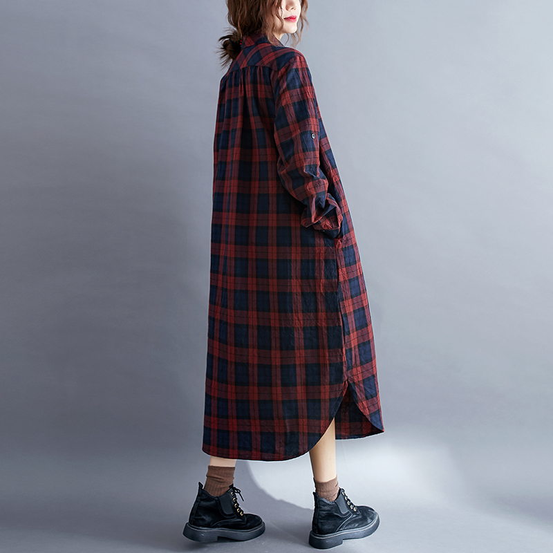 Casual Plaid Long Sleeve Shirt - Korean Style A Line Shirt Dress 评论和价格