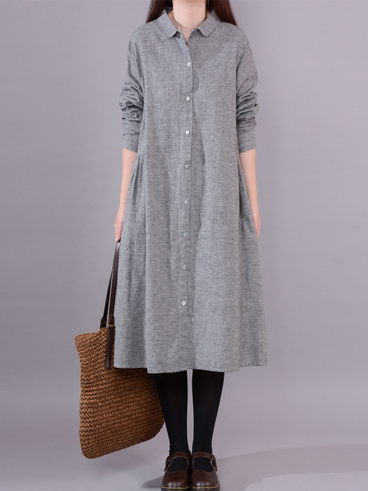 Women's Long Sleeve Cotton Lin - Korean Style A Line Shirt Dress 评论和价格