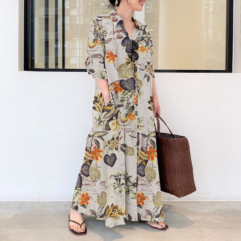 Autumn new plus size casual co - Casual Loose Linen Shirt Dress 评论和价格