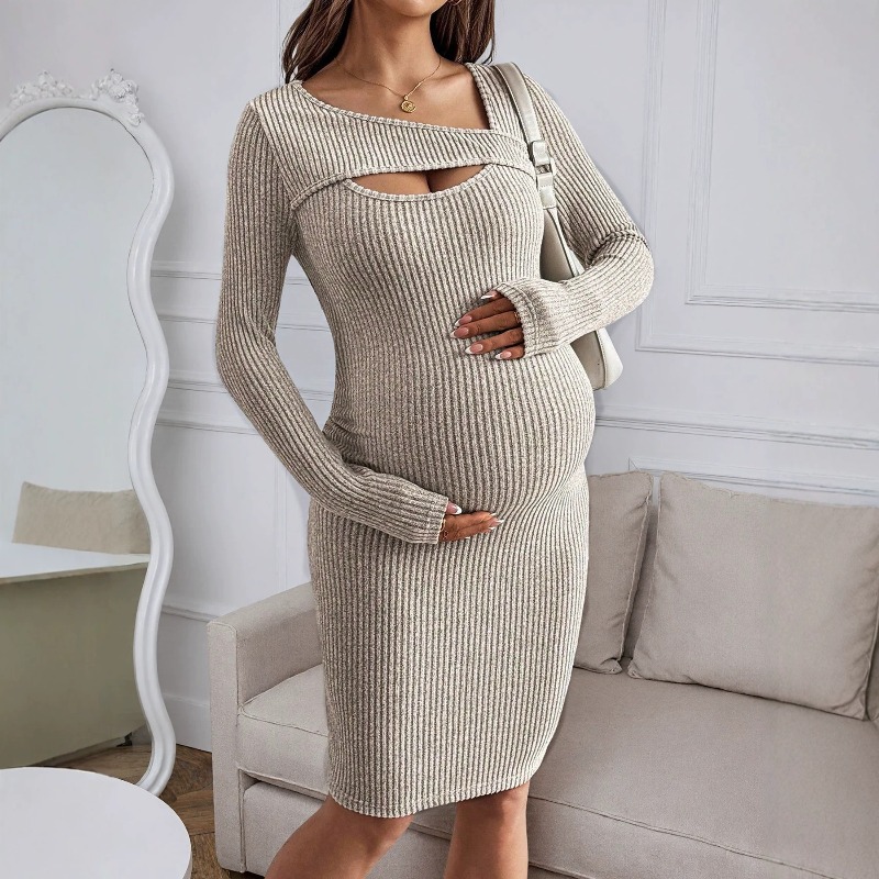 Maternity Clothes Long-sleeved - Bodycon Long Sleeve Ribbed Dress 评论和价格