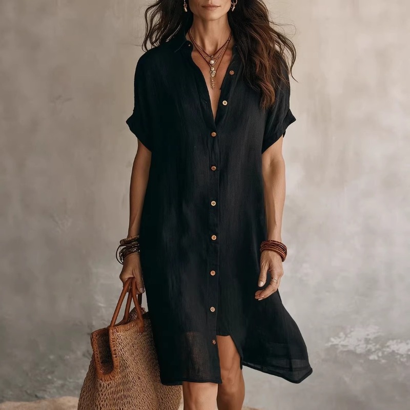 Single-breasted Solid Color Sh - Casual Loose Linen Shirt Dress 评论和价格