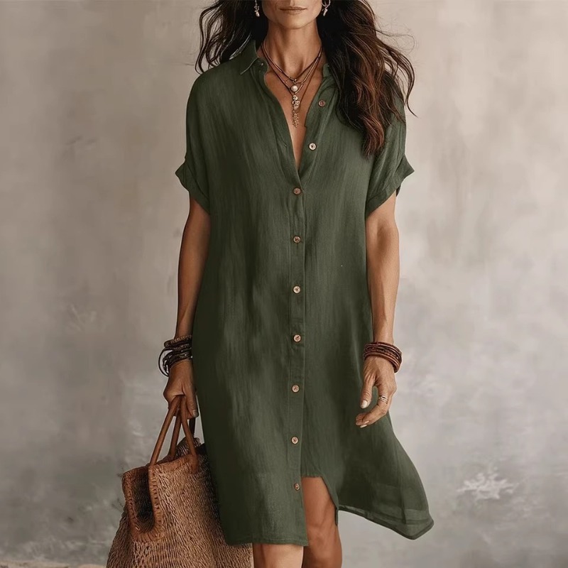 Single-breasted Solid Color Sh - Casual Loose Linen Shirt Dress 评论和价格