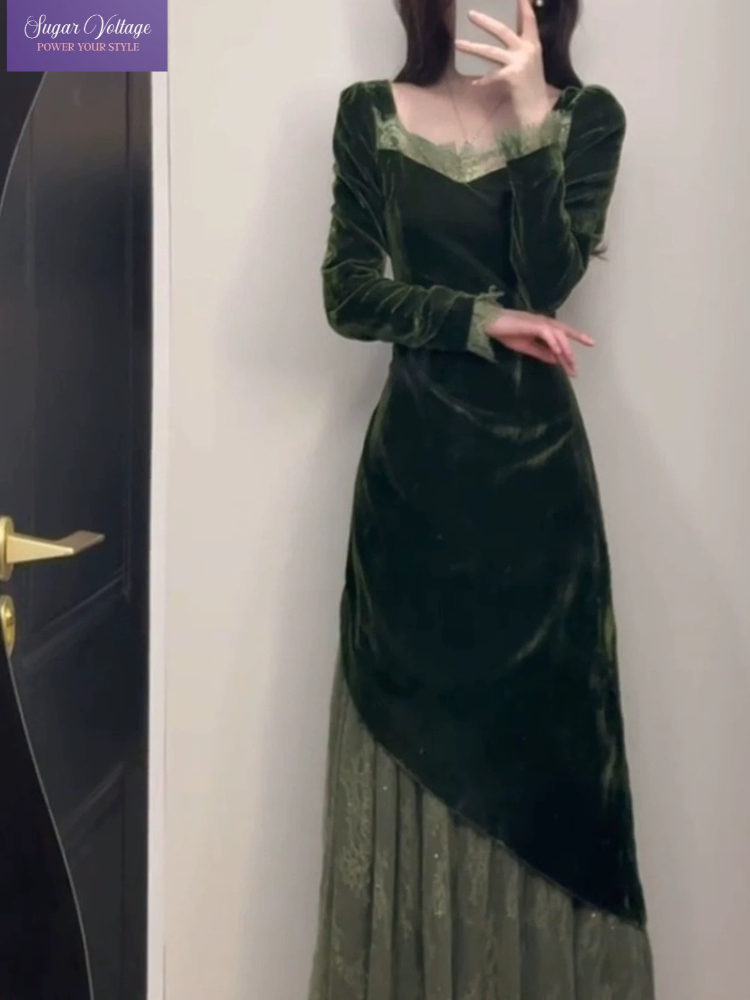 French Vintage Elegant Velvet  - French Vintage Floral Midi Dress 评论和价格