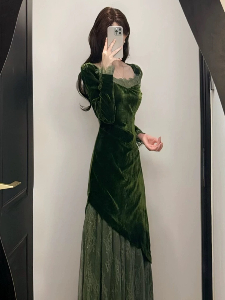 French Vintage Elegant Velvet  - French Vintage Floral Midi Dress 评论和价格