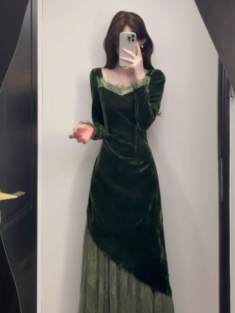French Vintage Elegant Velvet  - French Vintage Floral Midi Dress 评论和价格